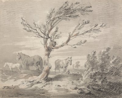 Landschaft mit drei Pferden und einem Baum im Vordergrund von James Ward